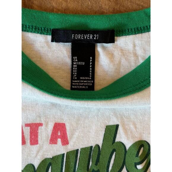 Forever 21 “Eat a Strawberry” Baby Tee | Women’s Small Green Ringer Crop Top - Picture 4 of 6